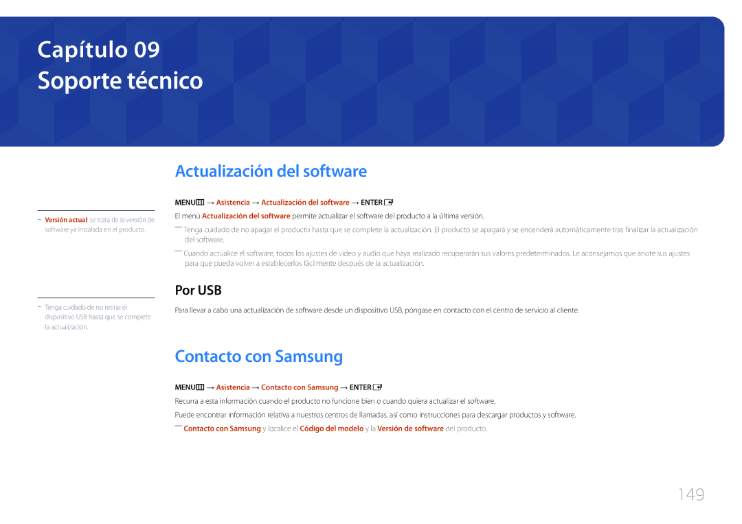 Samsung LH75MECPLGC/EN manual Soporte técnico, Actualización del software, Contacto con Samsung, 149, Por USB 