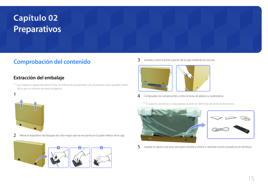 Samsung LH75MECPLGC/EN manual Preparativos, Comprobación del contenido, Extracción del embalaje 