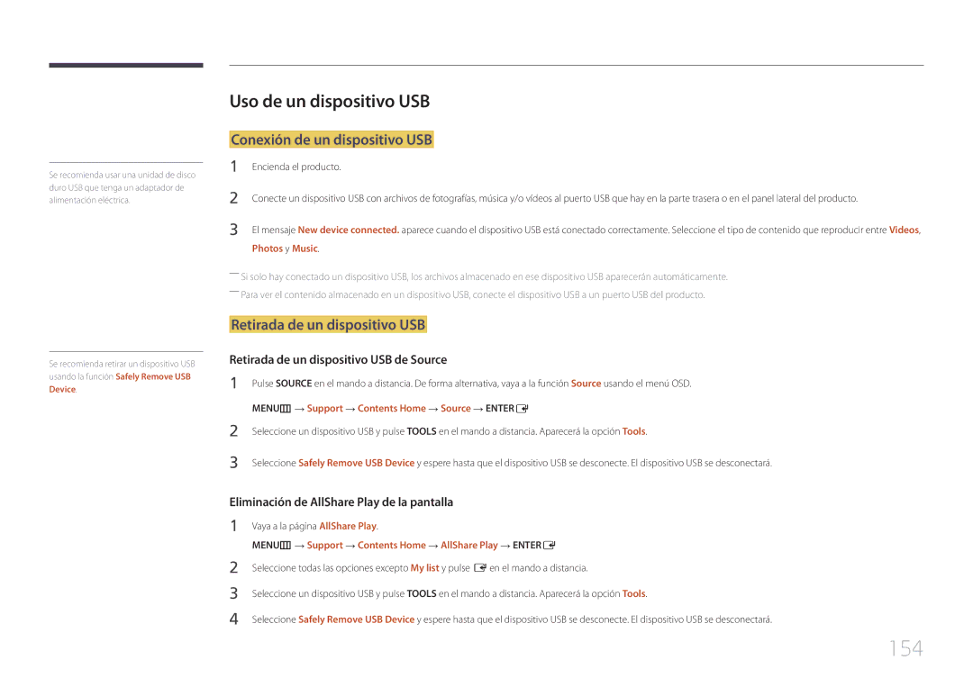 Samsung LH75MECPLGC/EN 154, Uso de un dispositivo USB, Conexión de un dispositivo USB, Retirada de un dispositivo USB 