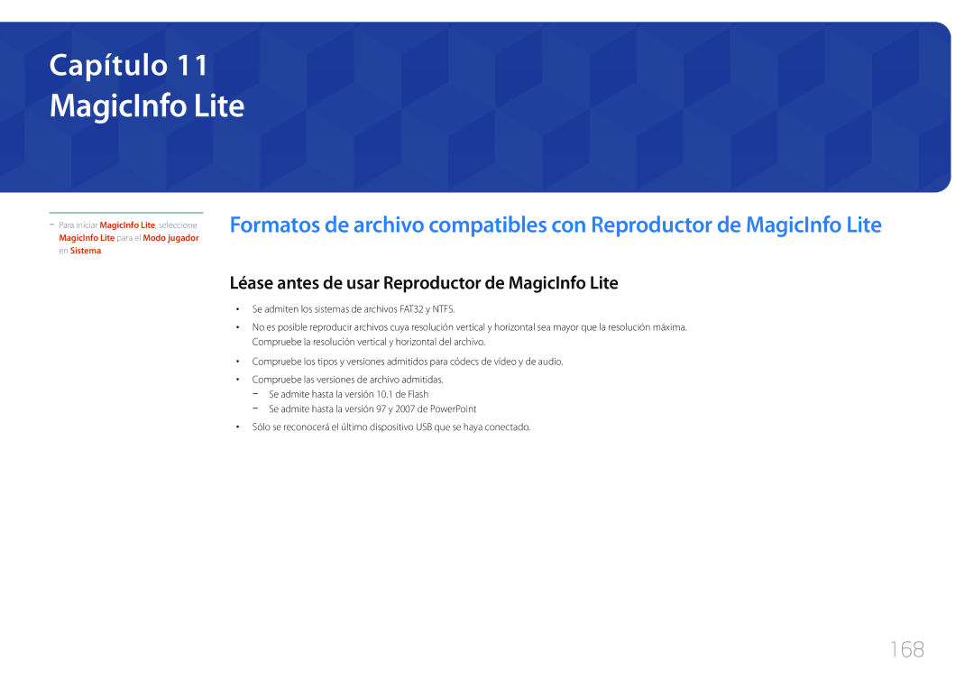 Samsung LH75MECPLGC/EN manual 168, Léase antes de usar Reproductor de MagicInfo Lite 