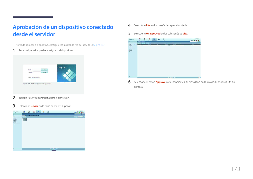 Samsung LH75MECPLGC/EN manual Aprobación de un dispositivo conectado desde el servidor, 173 