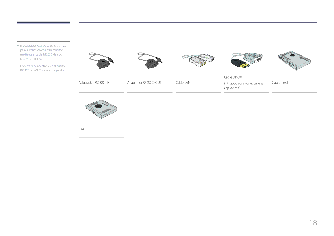 Samsung LH75MECPLGC/EN manual Cable DP-DVI Adaptador RS232C Adaptador RS232C OUT Cable LAN, Caja de red 