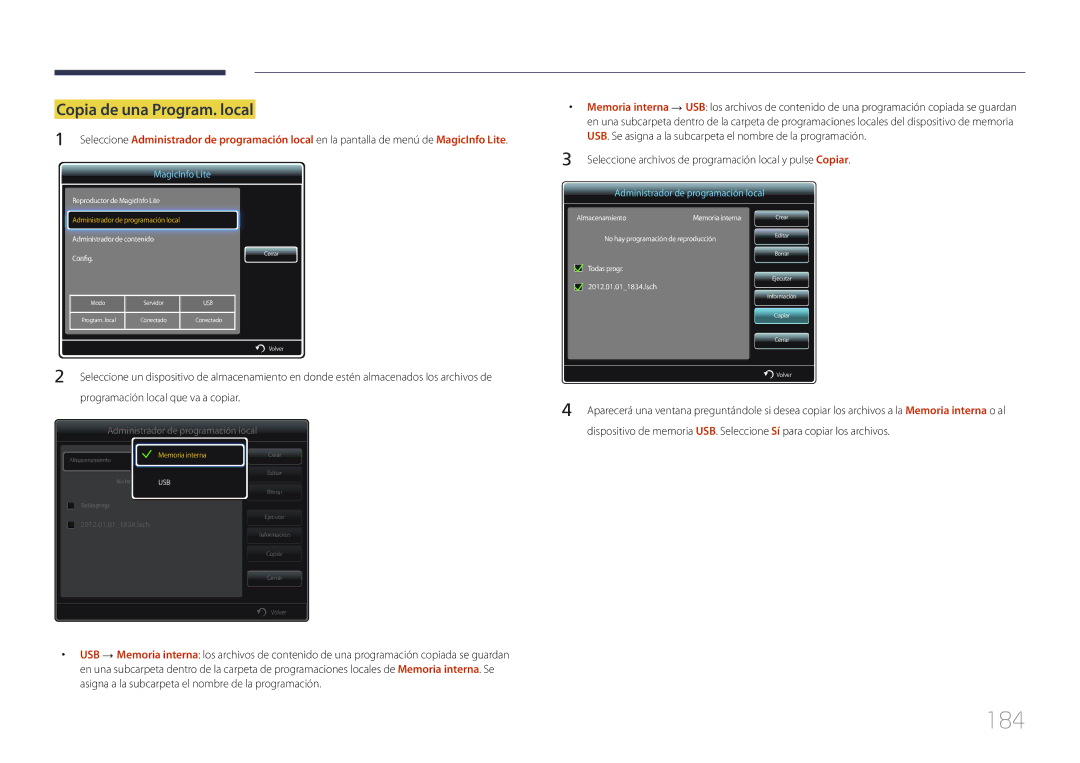 Samsung LH75MECPLGC/EN manual 184, Copia de una Program. local, Seleccione archivos de programación local y pulse Copiar 