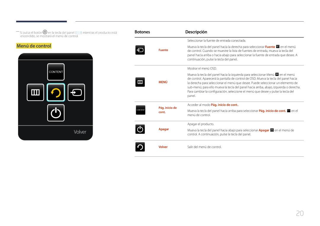 Samsung LH75MECPLGC/EN manual Volver, Menú de control, BotonesDescripción 