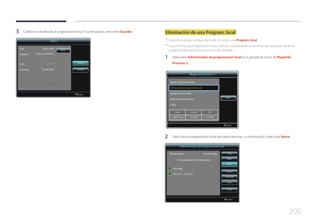 Samsung LH75MECPLGC/EN manual 205, Eliminación de una Program. local 
