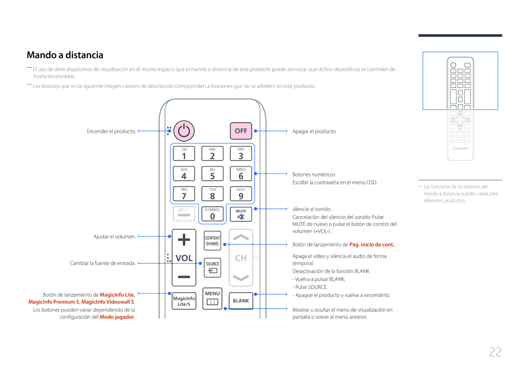 Samsung LH75MECPLGC/EN manual Mando a distancia, Apagar el producto Ajustar el volumen 