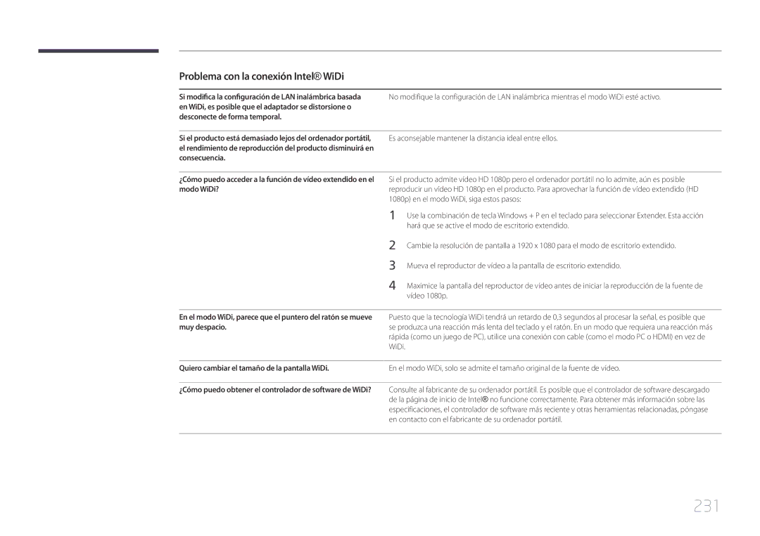 Samsung LH75MECPLGC/EN manual 231, Problema con la conexión IntelWiDi, Quiero cambiar el tamaño de la pantalla WiDi 