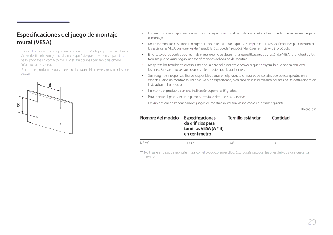 Samsung LH75MECPLGC/EN manual Especificaciones del juego de montaje mural Vesa, En centímetro 