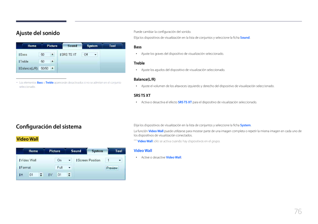 Samsung LH75MECPLGC/EN manual Ajuste del sonido, Configuración del sistema, Active o desactive Video Wall 