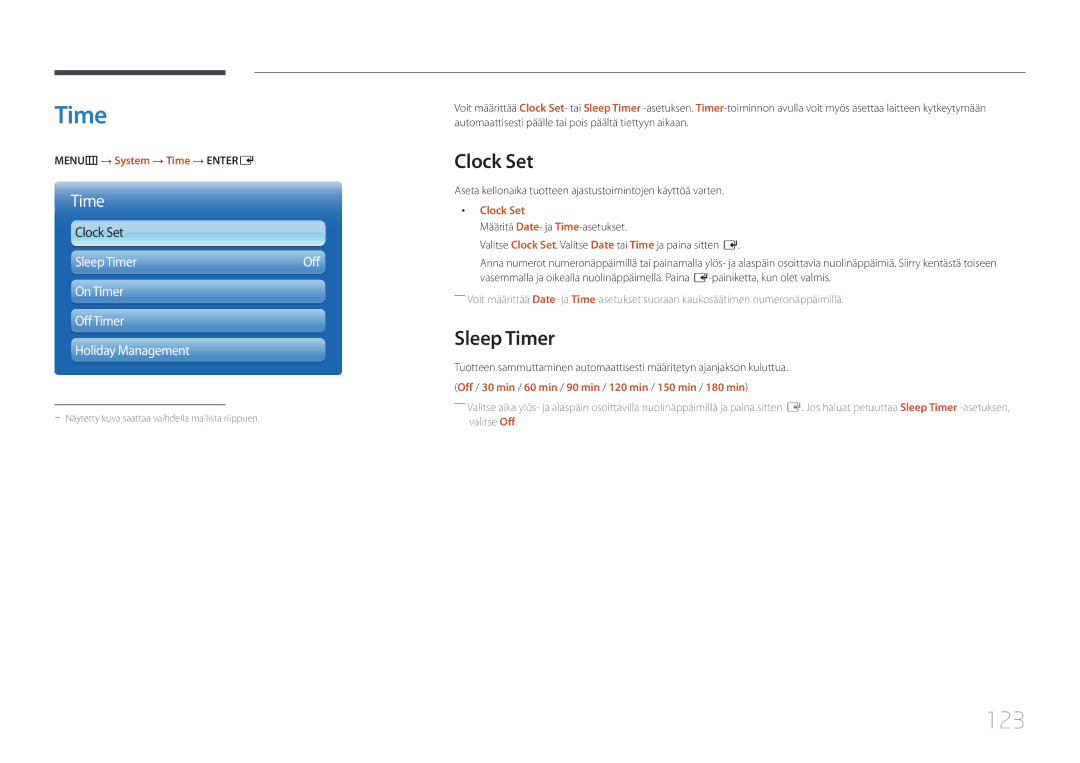 Samsung LH75MECPLGC/EN manual 123, Clock Set, Sleep Timer 