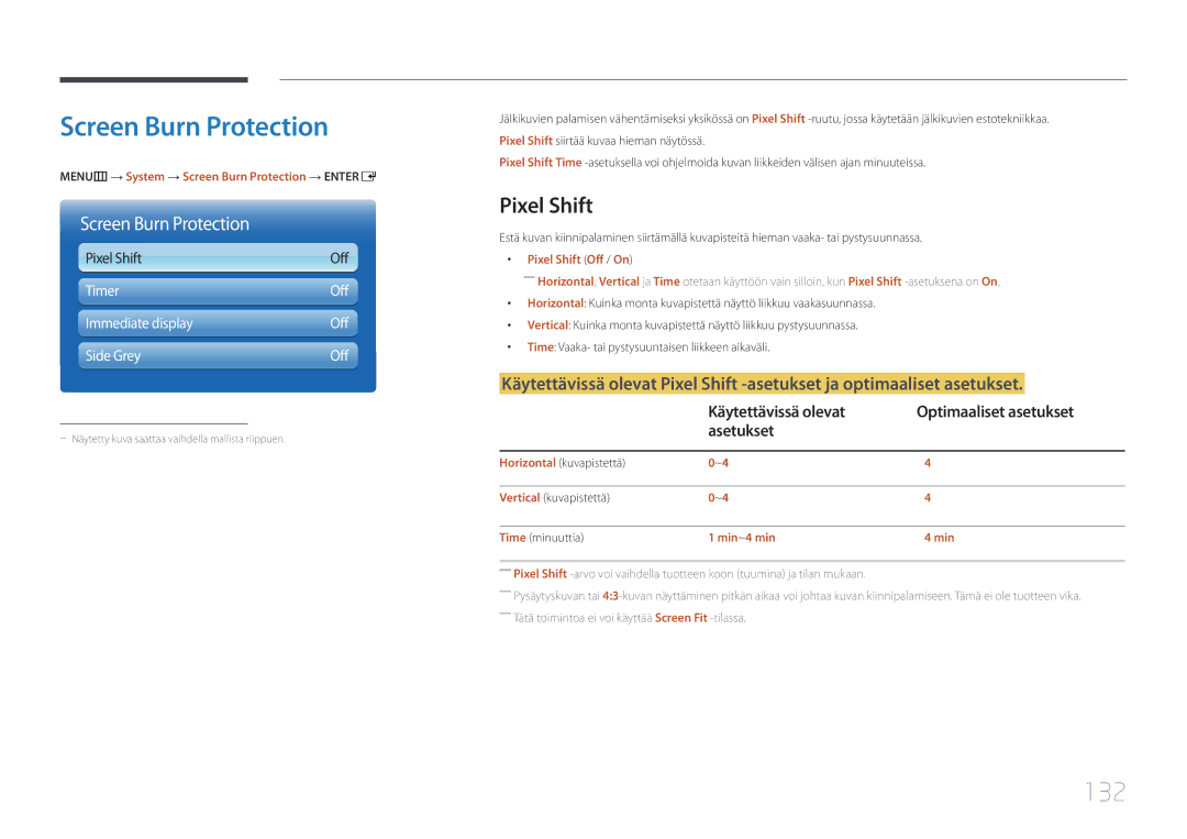Samsung LH75MECPLGC/EN Screen Burn Protection, 132, Pixel Shift, Käytettävissä olevat Optimaaliset asetukset Asetukset 