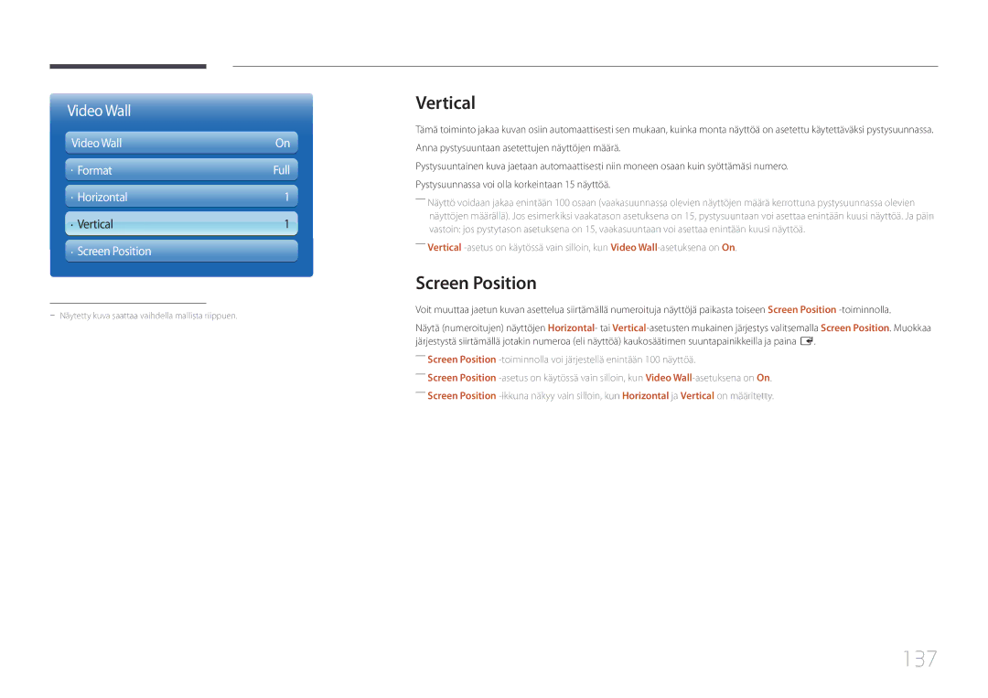 Samsung LH75MECPLGC/EN manual 137, Vertical, Screen Position 