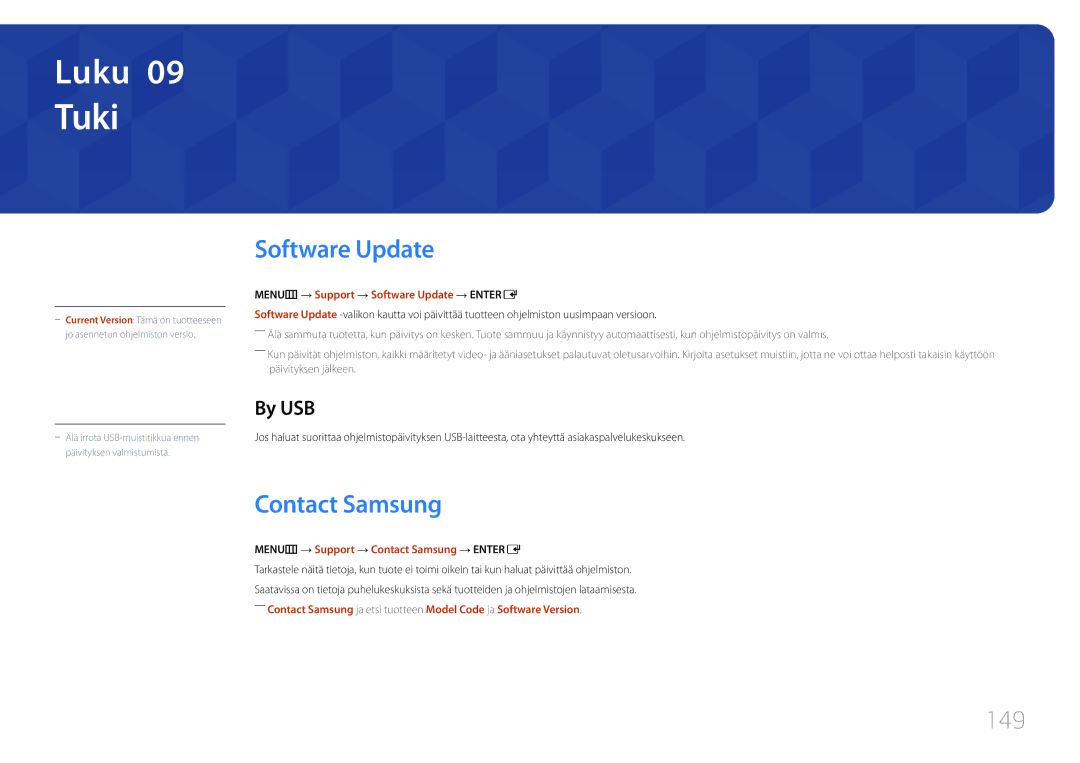 Samsung LH75MECPLGC/EN manual Software Update, Contact Samsung, 149, By USB 