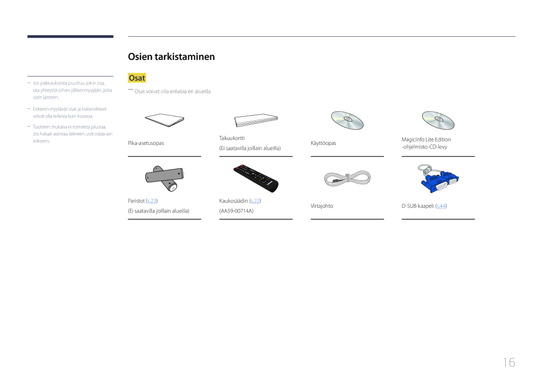 Samsung LH75MECPLGC/EN manual Osien tarkistaminen, Osat 