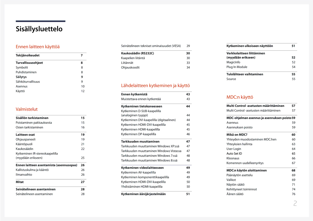 Samsung LH75MECPLGC/EN manual Sisällysluettelo 