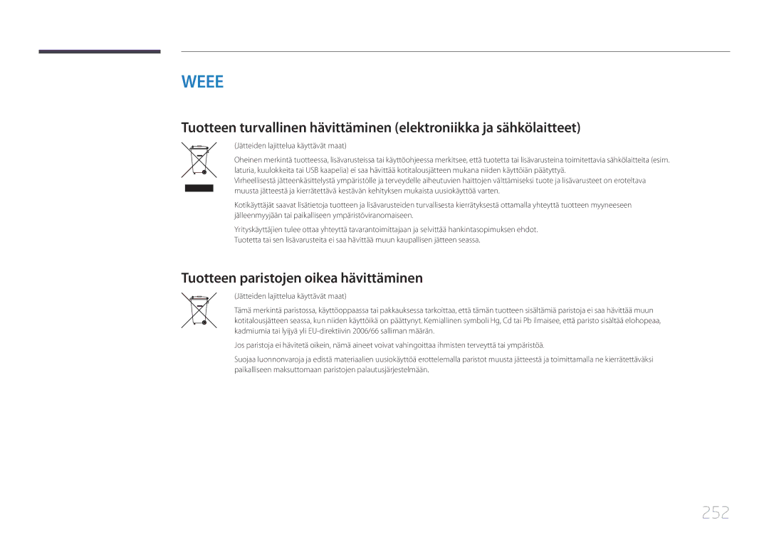 Samsung LH75MECPLGC/EN manual 252, Tuotteen paristojen oikea hävittäminen, Jätteiden lajittelua käyttävät maat 