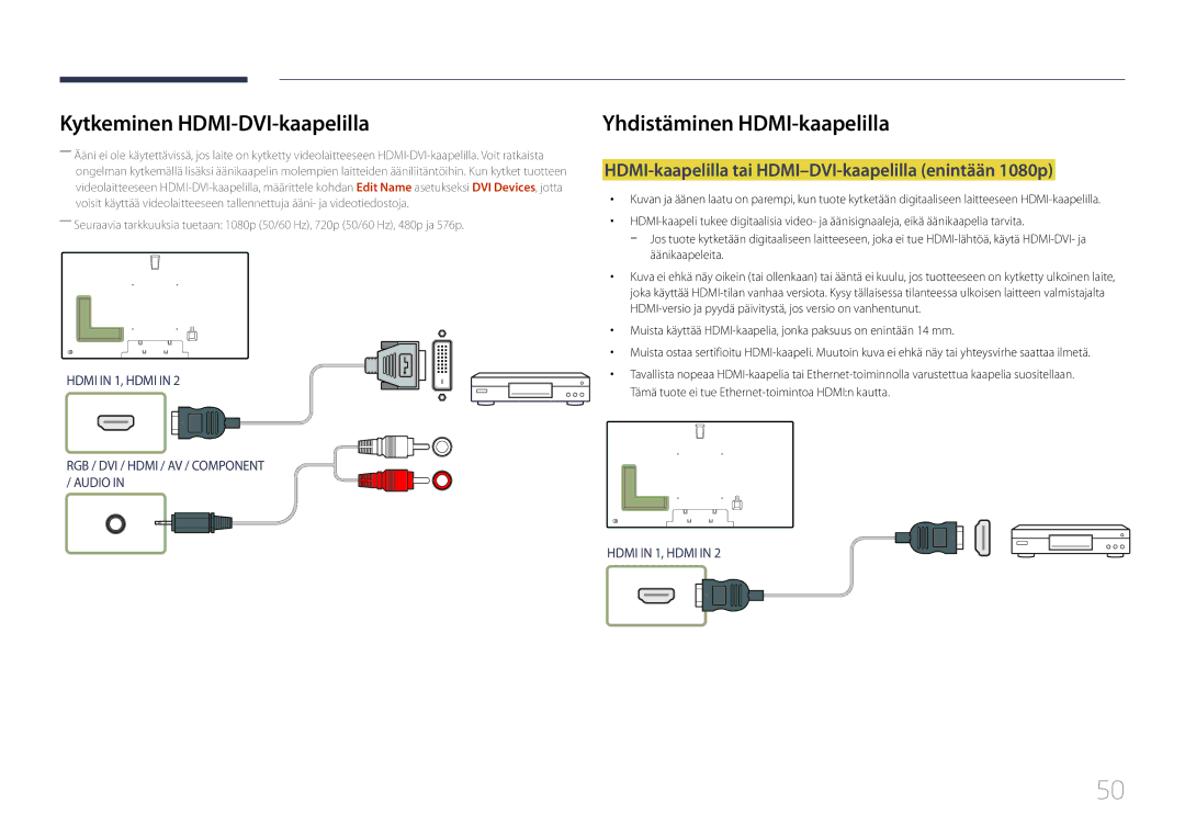 Samsung LH75MECPLGC/EN manual Yhdistäminen HDMI-kaapelilla, HDMI-kaapelilla tai HDMI-DVI-kaapelilla enintään 1080p 