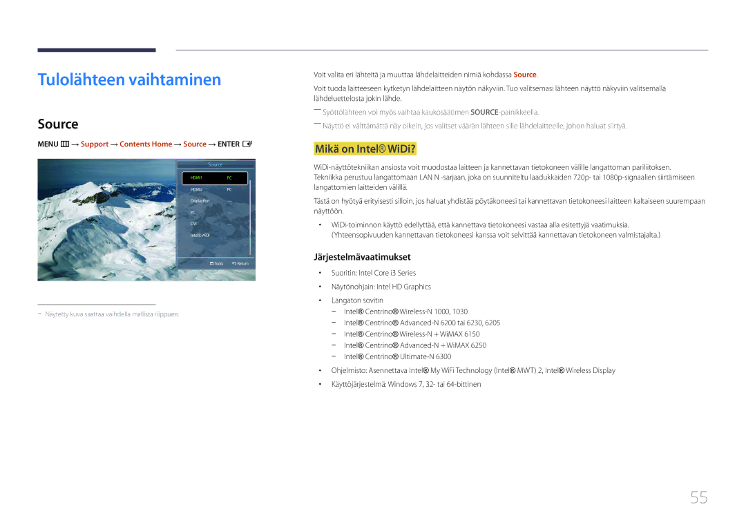 Samsung LH75MECPLGC/EN manual Tulolähteen vaihtaminen, Source, Mikä on Intel WiDi? 