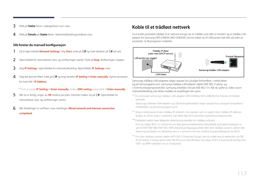 Samsung LH75MECPLGC/EN manual 117, Koble til et trådløst nettverk, Completed 