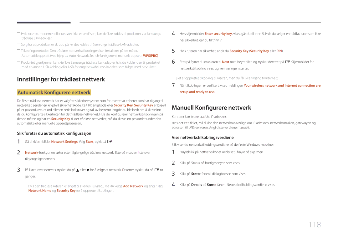 Samsung LH75MECPLGC/EN manual 118, Innstillinger for trådløst nettverk, Manuell Konfigurere nettverk 