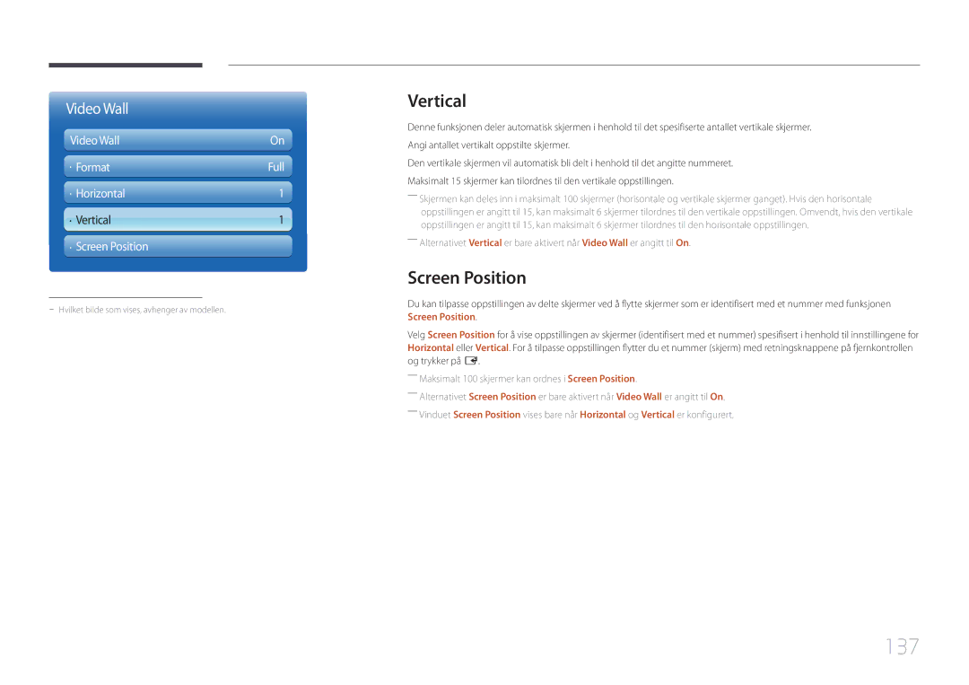 Samsung LH75MECPLGC/EN manual 137, Vertical, Screen Position 