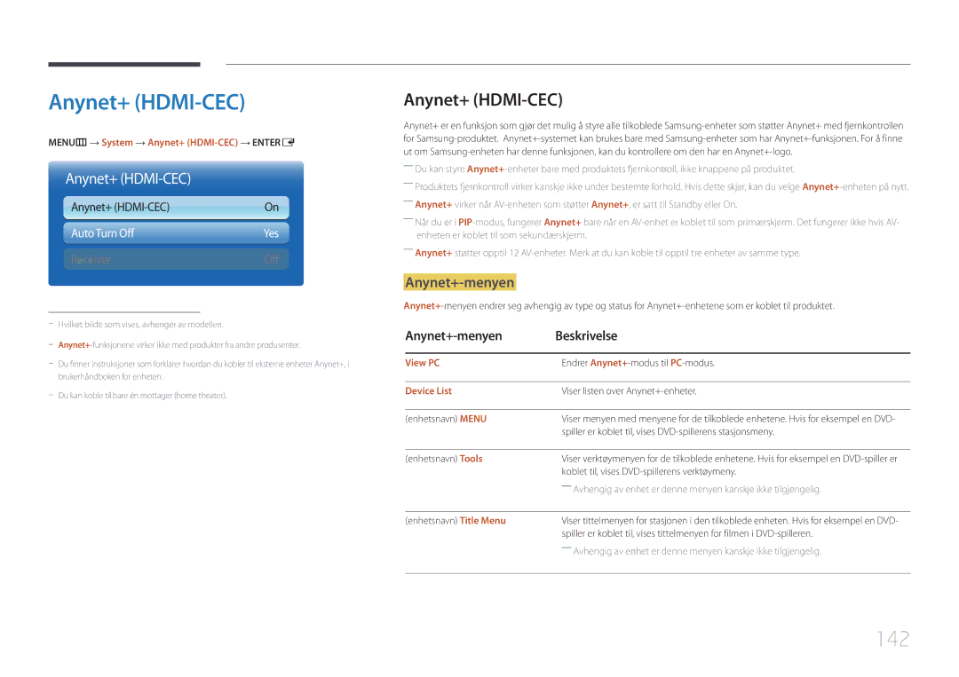 Samsung LH75MECPLGC/EN manual Anynet+ HDMI-CEC, 142, Anynet+-menyen Beskrivelse 