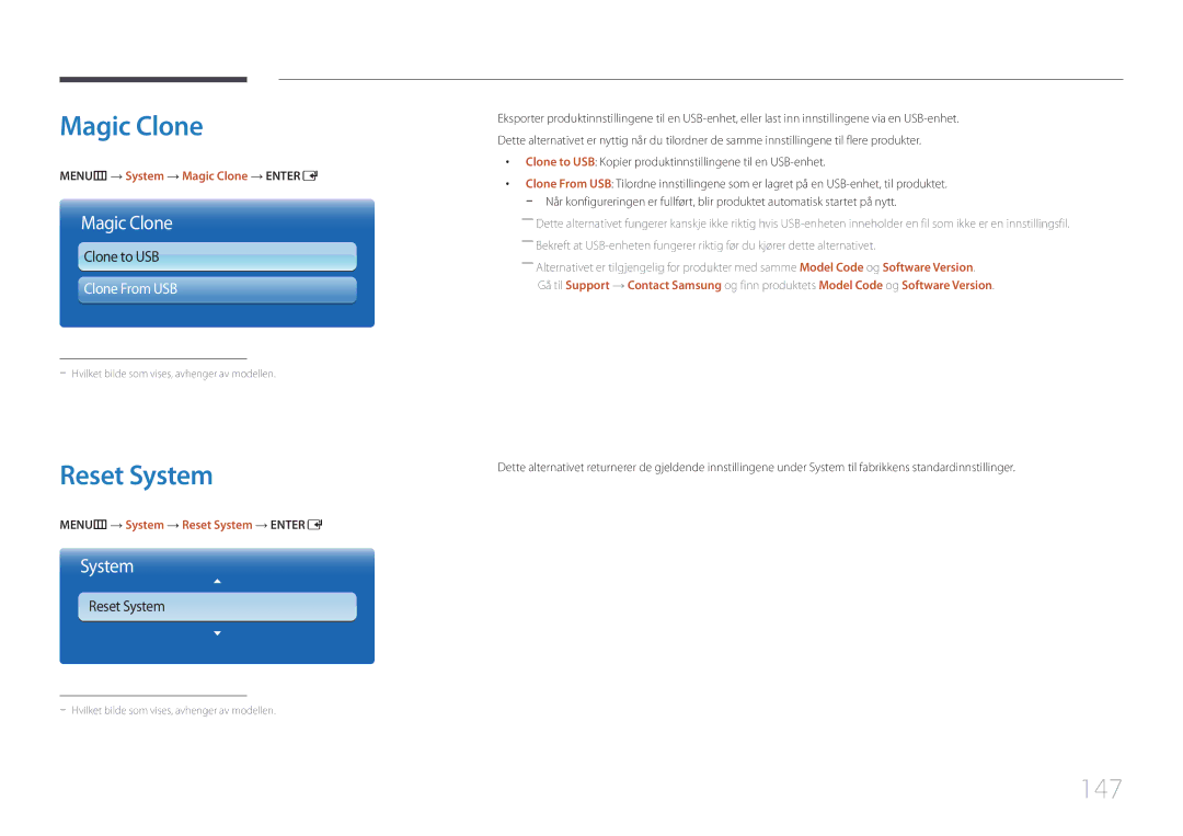 Samsung LH75MECPLGC/EN manual Reset System, 147, MENUm → System → Magic Clone → Entere 