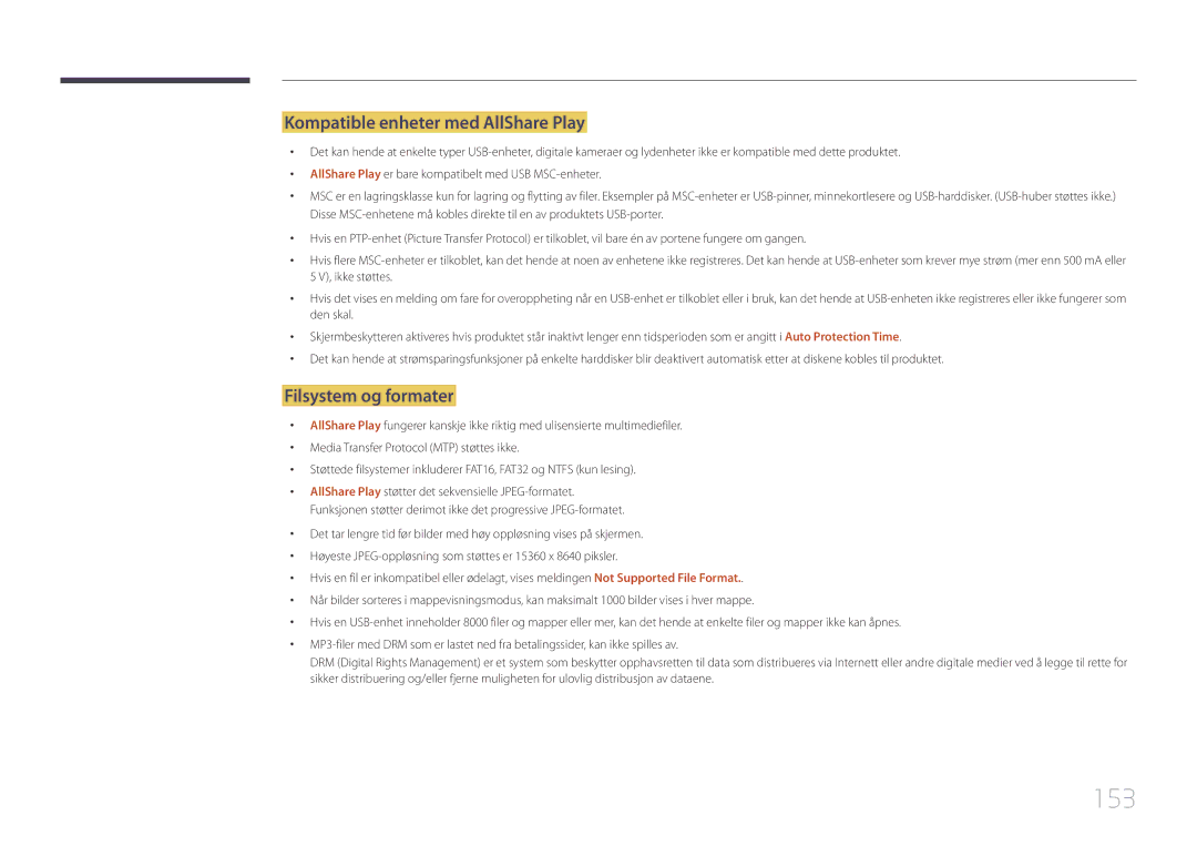 Samsung LH75MECPLGC/EN manual 153, Kompatible enheter med AllShare Play, Filsystem og formater 