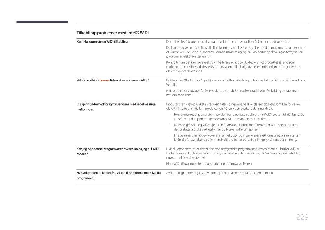 Samsung LH75MECPLGC/EN manual 229, Tilkoblingsproblemer med IntelWiDi, Kan ikke opprette en WiDi-tilkobling 