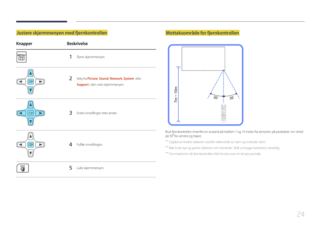 Samsung LH75MECPLGC/EN manual Justere skjermmenyen med fjernkontrollen, Mottaksområde for fjernkontrollen 