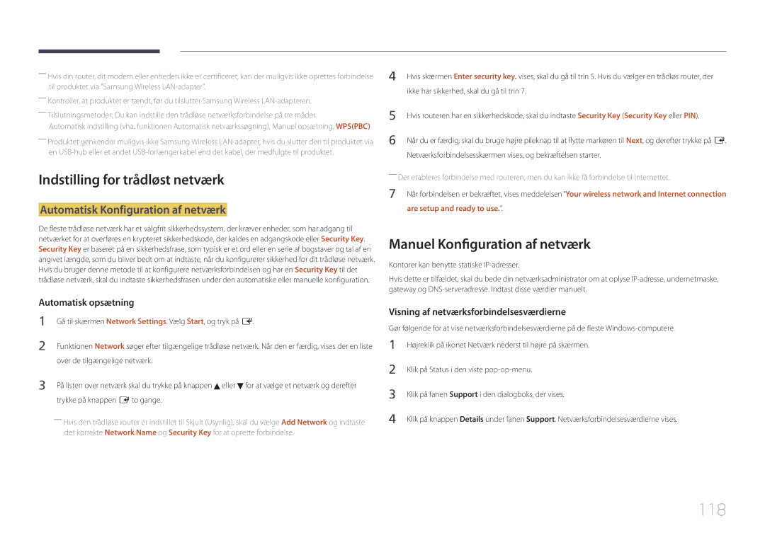 Samsung LH75MECPLGC/EN 118, Indstilling for trådløst netværk, Manuel Konfiguration af netværk, Are setup and ready to use 