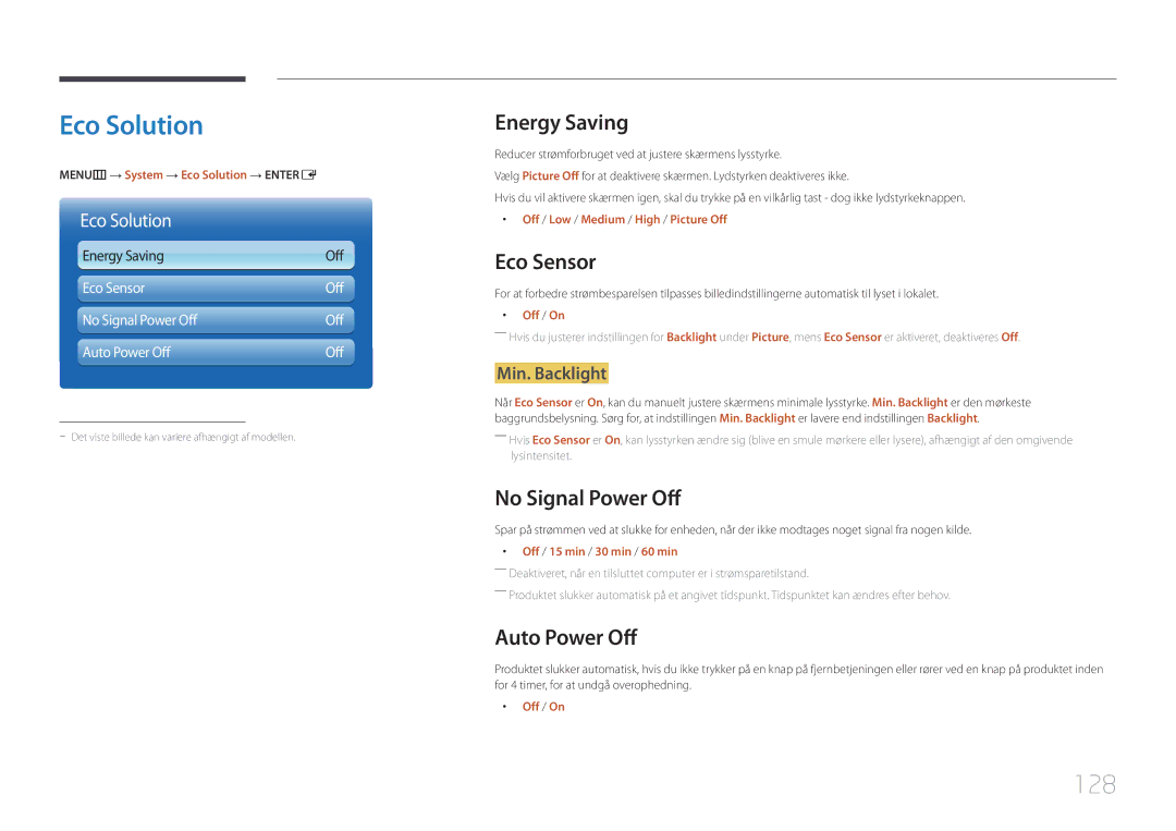 Samsung LH75MECPLGC/EN manual Eco Solution, 128 