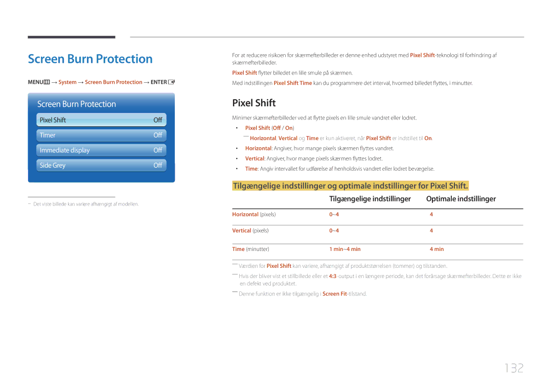 Samsung LH75MECPLGC/EN manual Screen Burn Protection, 132, Pixel Shift, Optimale indstillinger 