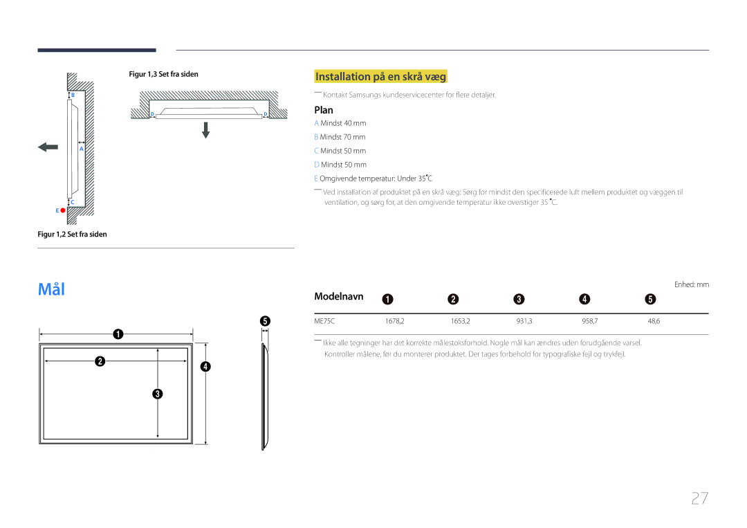 Samsung LH75MECPLGC/EN manual Installation på en skrå væg, Plan, Modelnavn 