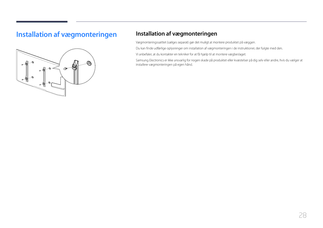 Samsung LH75MECPLGC/EN manual Installation af vægmonteringen 