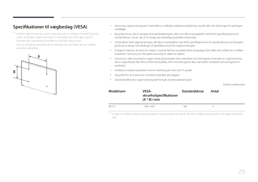 Samsung LH75MECPLGC/EN manual Specifikationer til vægbeslag Vesa, Standardskrue Antal, I mm 