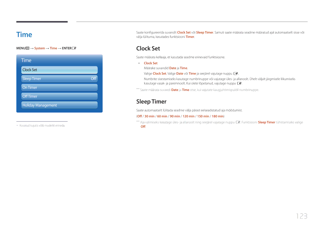 Samsung LH75MECPLGC/EN manual 123, Clock Set, Sleep Timer 