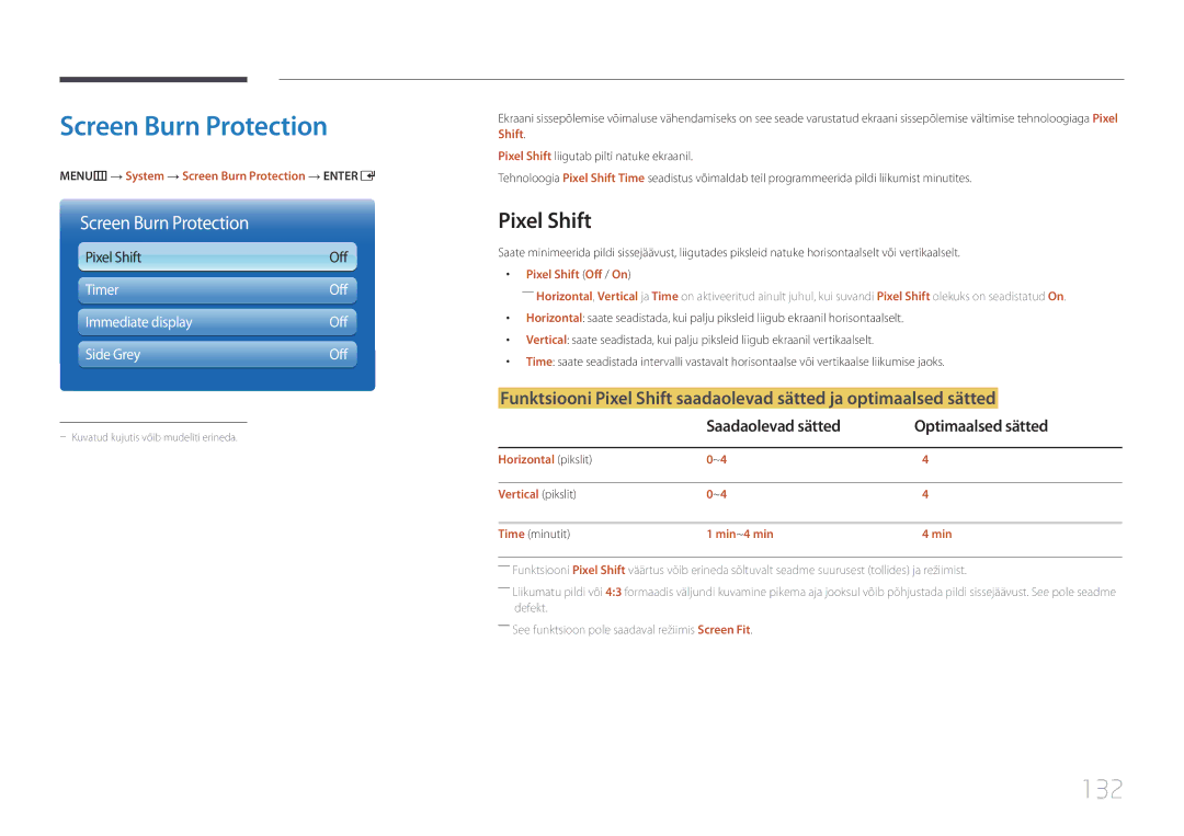 Samsung LH75MECPLGC/EN manual Screen Burn Protection, 132, Pixel Shift, Saadaolevad sätted Optimaalsed sätted 