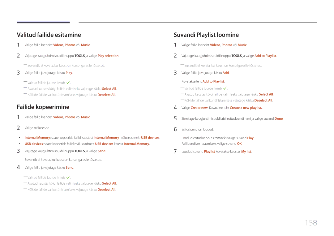 Samsung LH75MECPLGC/EN manual 158, Valitud failide esitamine, Failide kopeerimine, Suvandi Playlist loomine 