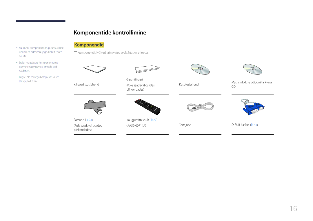 Samsung LH75MECPLGC/EN manual Komponentide kontrollimine, Komponendid, Garantiikaart 