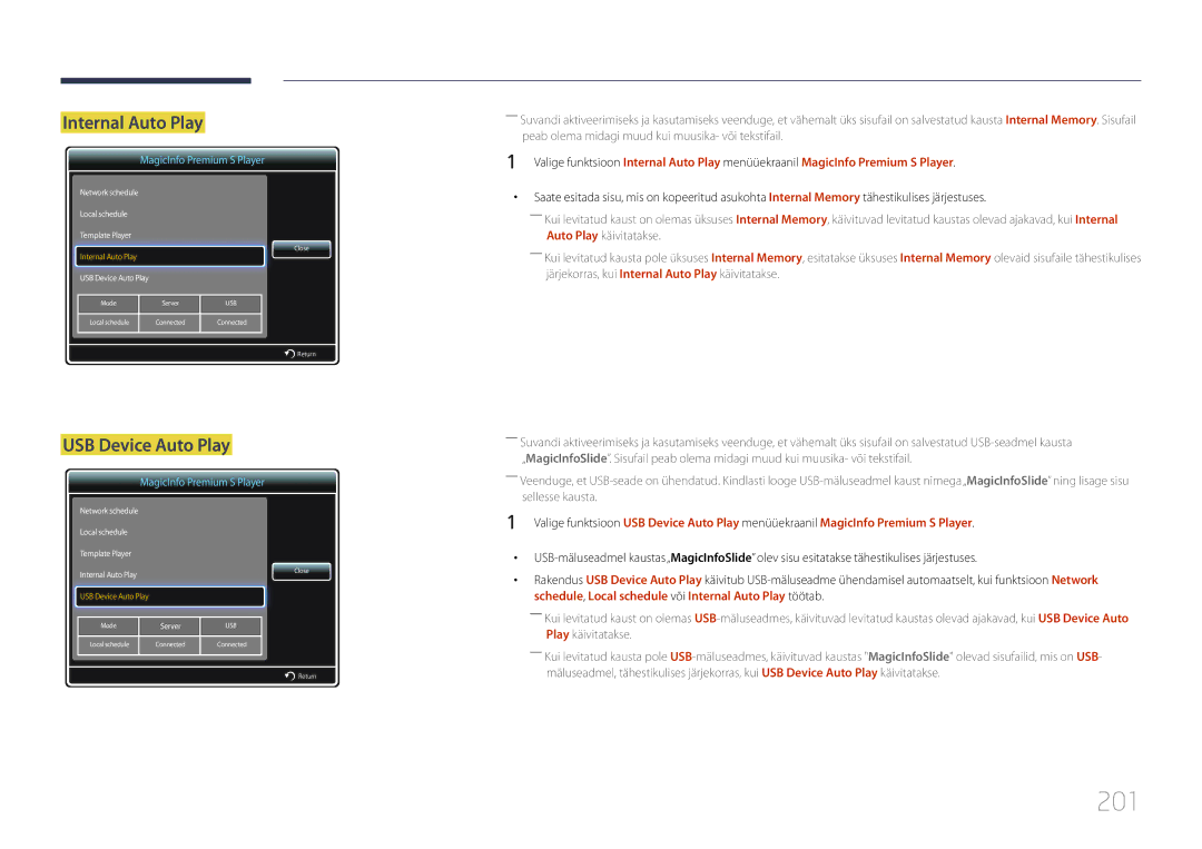 Samsung LH75MECPLGC/EN manual 201, Internal Auto Play 