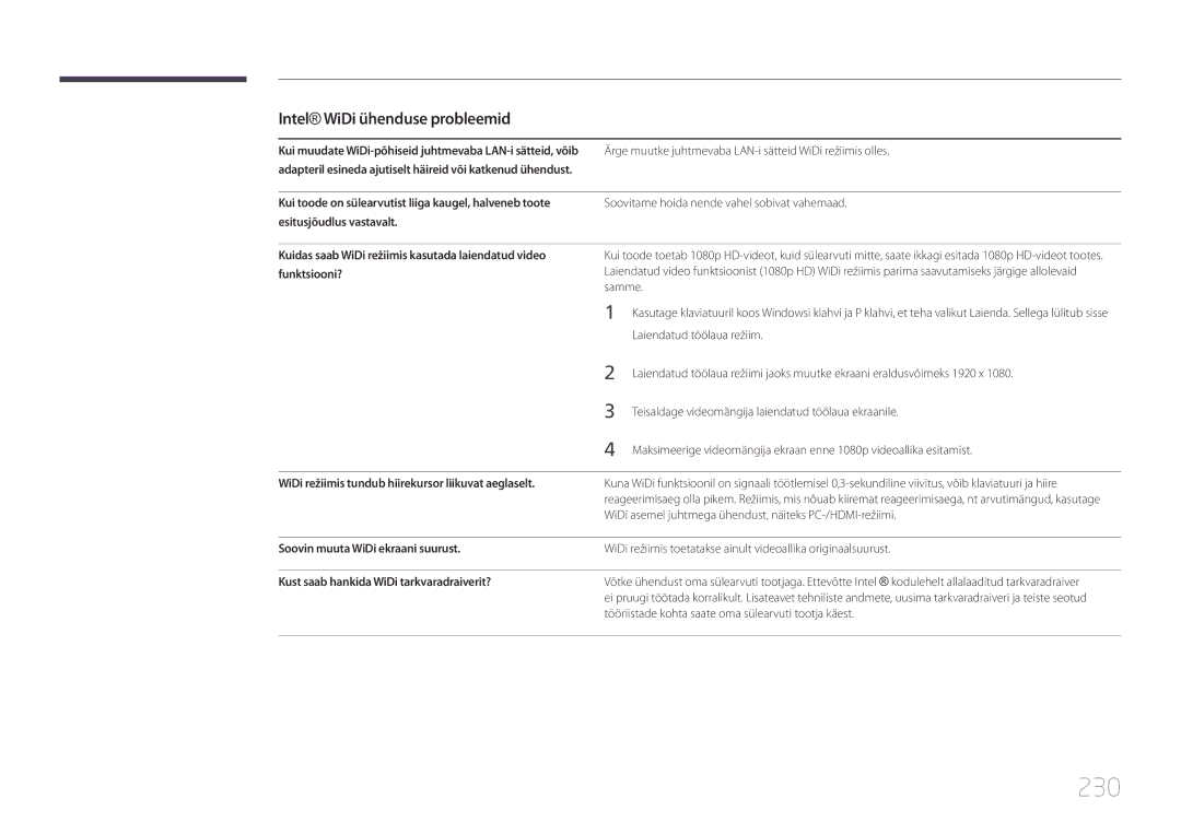 Samsung LH75MECPLGC/EN manual 230, WiDi režiimis tundub hiirekursor liikuvat aeglaselt, Soovin muuta WiDi ekraani suurust 