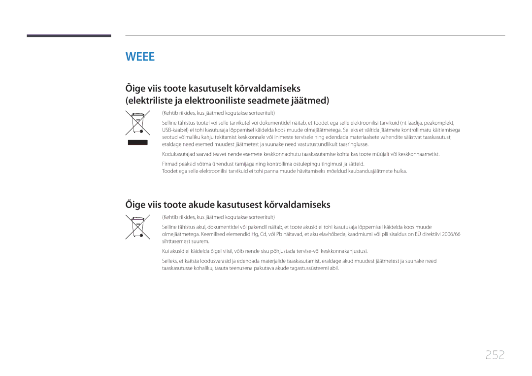 Samsung LH75MECPLGC/EN manual 252, Őige viis toote akude kasutusest kőrvaldamiseks 