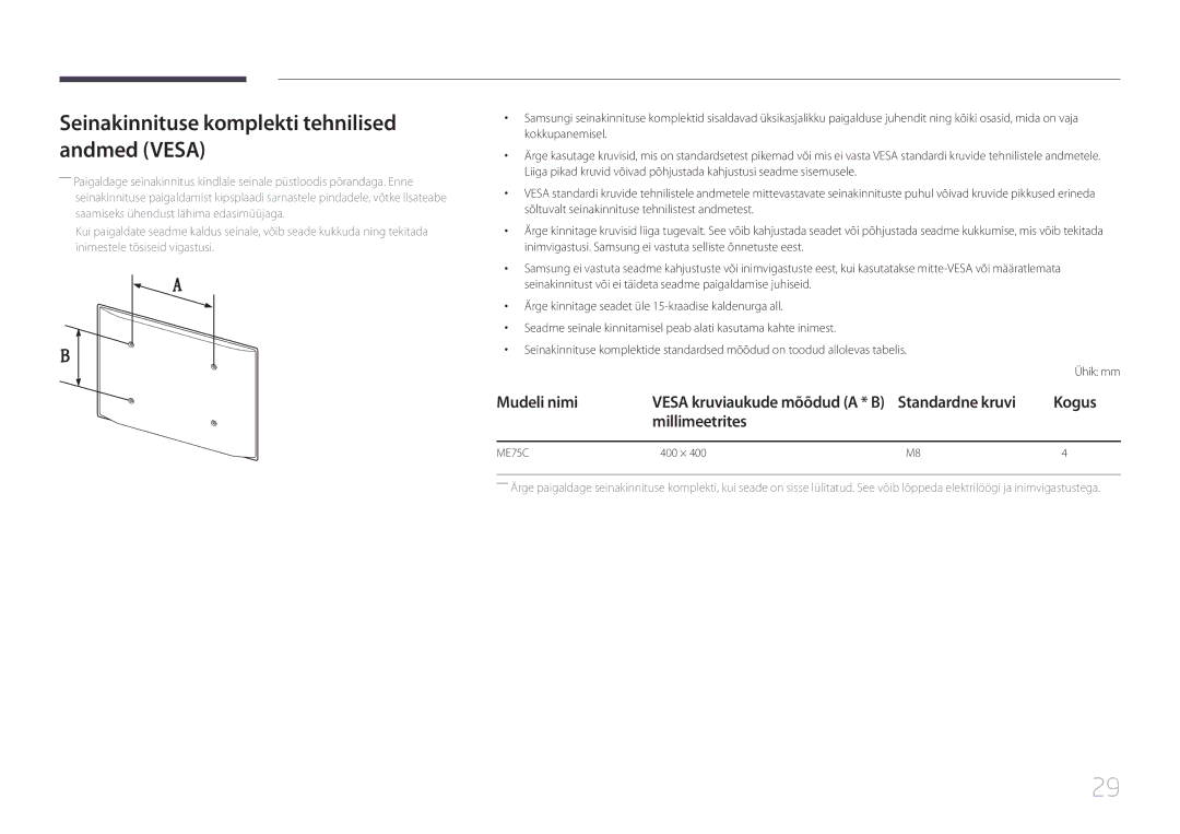 Samsung LH75MECPLGC/EN manual Seinakinnituse komplekti tehnilised andmed Vesa, Standardne kruvi Kogus Millimeetrites 