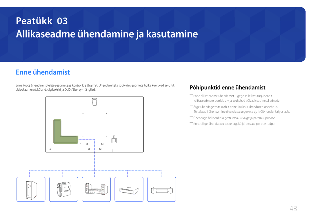 Samsung LH75MECPLGC/EN manual Allikaseadme ühendamine ja kasutamine, Enne ühendamist, Põhipunktid enne ühendamist 