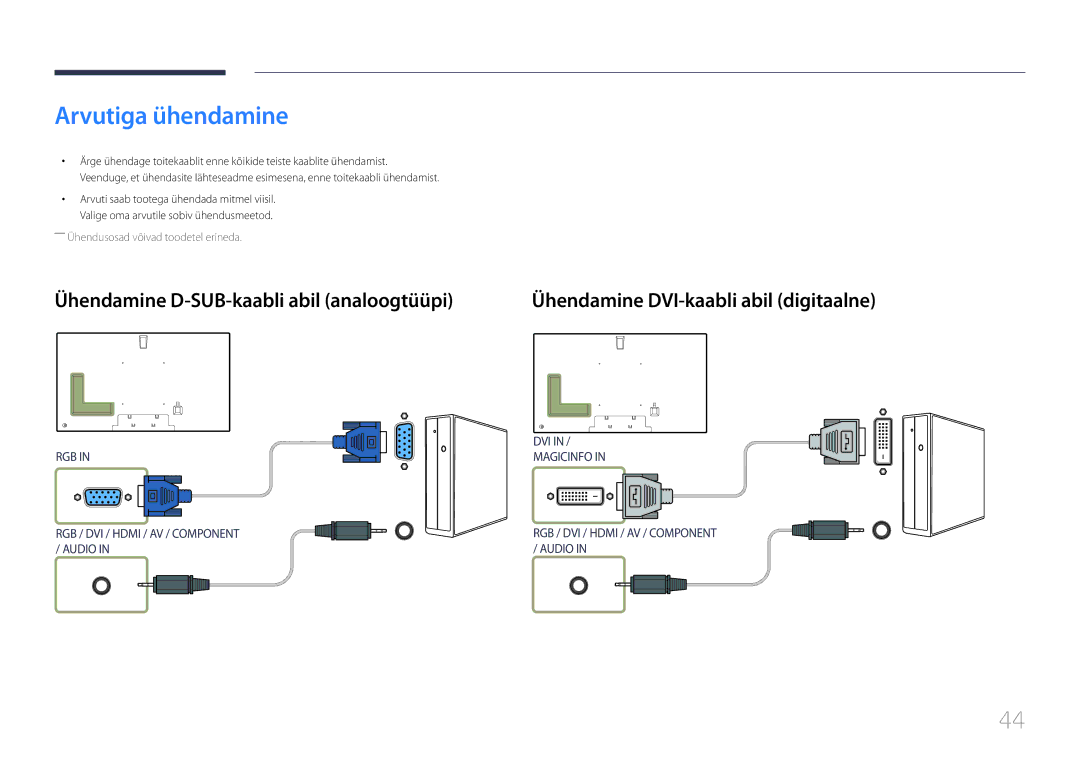 Samsung LH75MECPLGC/EN manual Arvutiga ühendamine, Ühendamine D-SUB-kaabli abil analoogtüüpi 