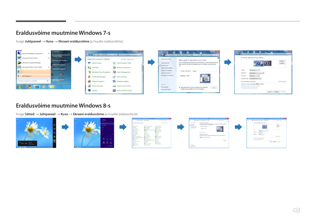 Samsung LH75MECPLGC/EN manual Eraldusvõime muutmine Windows 7-s, Eraldusvõime muutmine Windows 8-s 