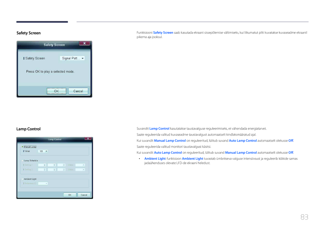 Samsung LH75MECPLGC/EN manual Safety Screen Lamp Control 