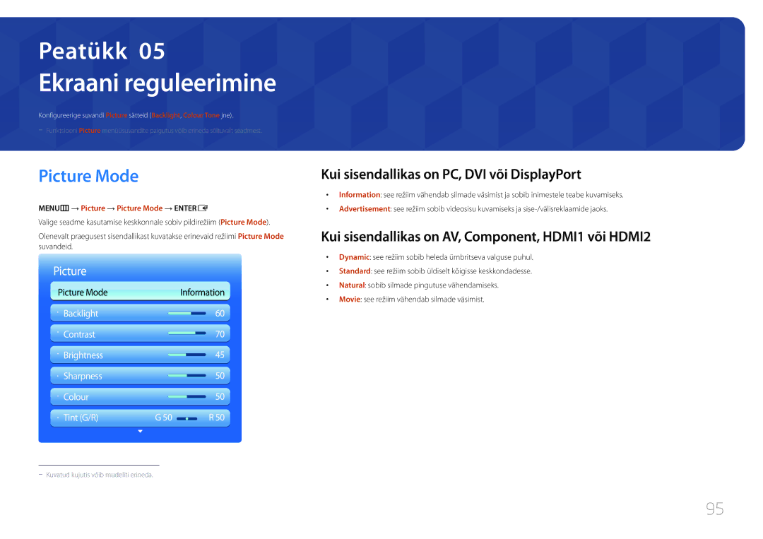 Samsung LH75MECPLGC/EN manual Ekraani reguleerimine, Picture Mode, Kui sisendallikas on PC, DVI või DisplayPort 