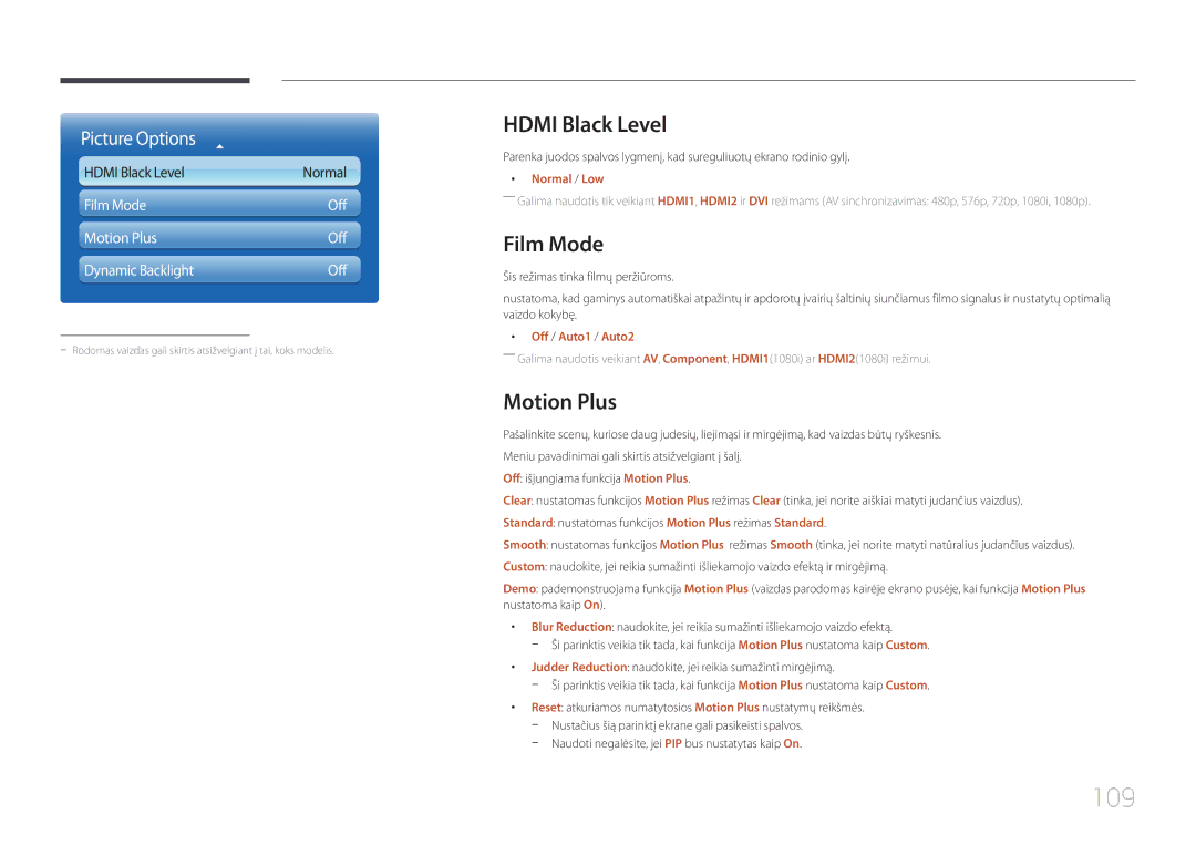 Samsung LH75MECPLGC/EN manual 109, Hdmi Black Level, Film Mode, Motion Plus 
